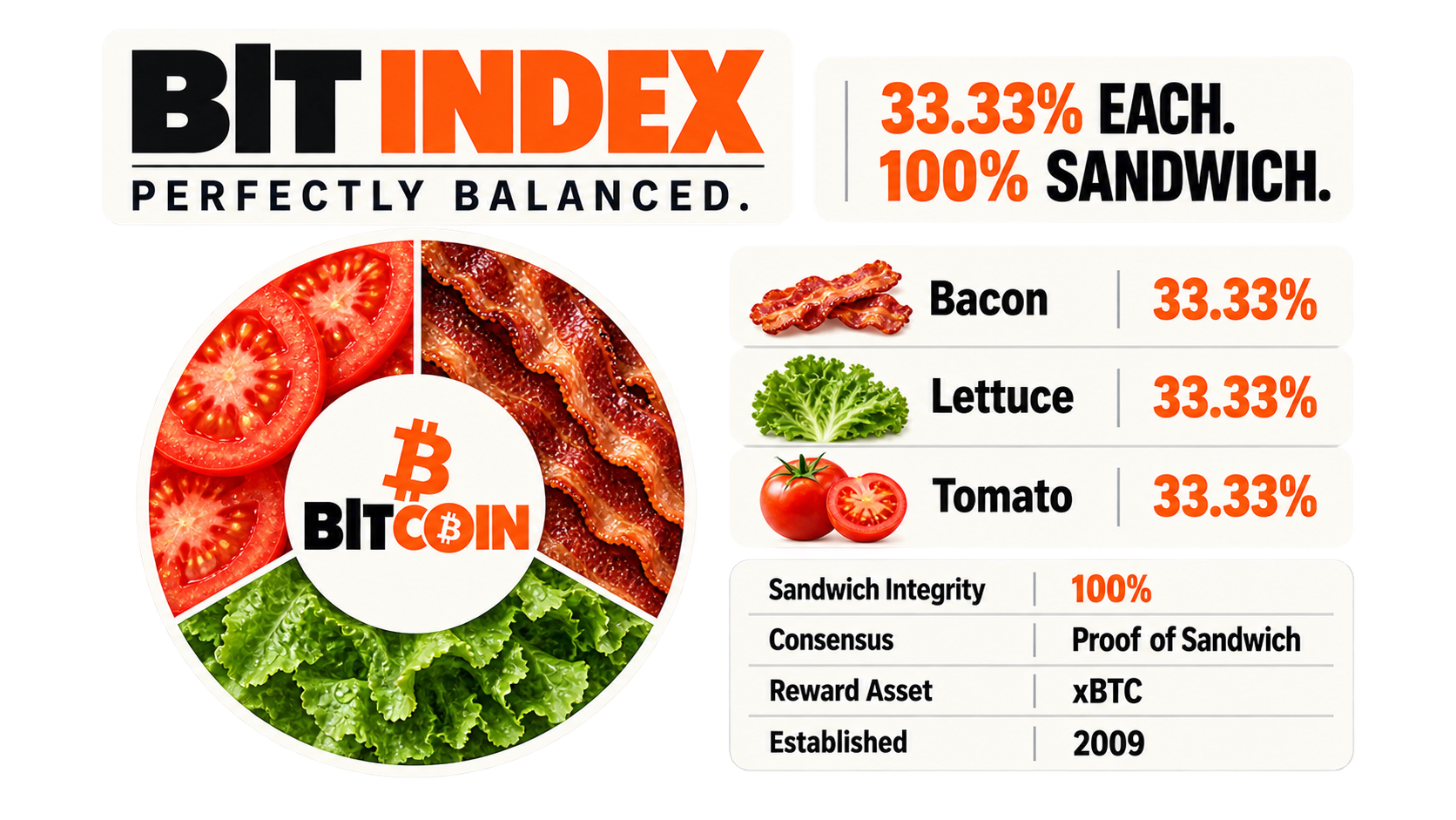 BLT Index: Bacon, Lettuce and Tomato at 33.33 percent each; 100 percent sandwich; xBTC reward asset; established 2009